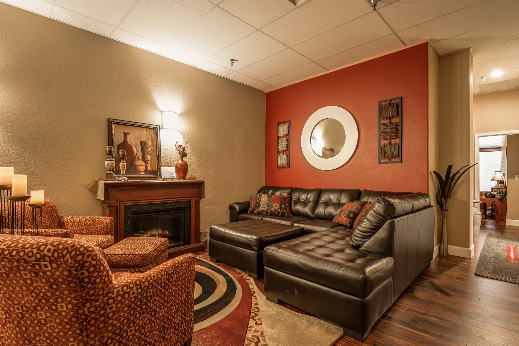 Comfortable sofas and a fireplace in the Avalon spa lounge
